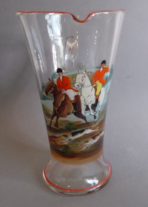 A handmade mid-20th century conical glass jug, hand-decorated with a fox hunting scene (26cm high) - Image 5 of 7