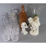 A selection of glassware and three ceramic pieces: a set of six cut-glass spirit glasses, a 19th