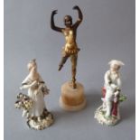 A pair of Derby figurines (a/f) and a 1920s cold-painted ballet dancer on an alabaster base (her