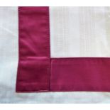 A pair of cream curtains with wide burgundy stripe border and matching pelmet, Curtina label,