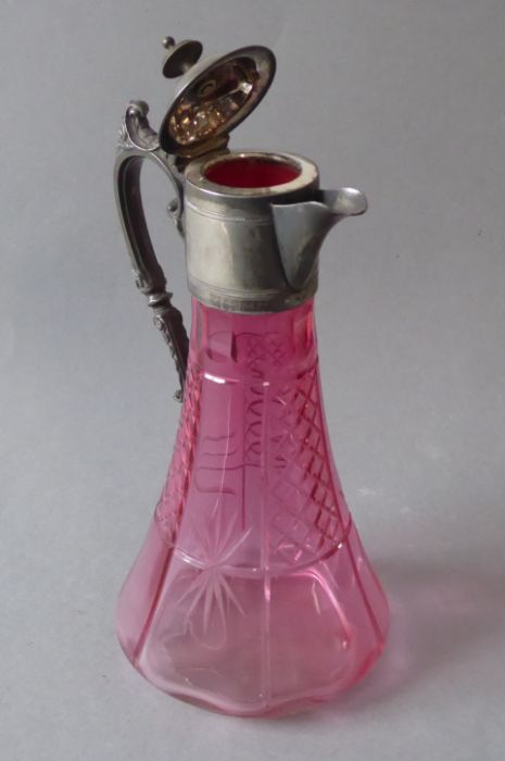 A Victorian cut-glass cranberry claret jug with silver-plated mounts - Image 8 of 8