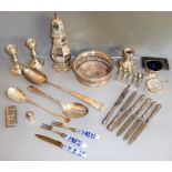 Various silver and silver plate to include a Mappin & Webb silver plated caster, a pair of small