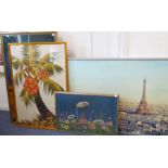 Four decorative wall-hanging pictures and prints: a large skyline view of Paris (silver coloured box