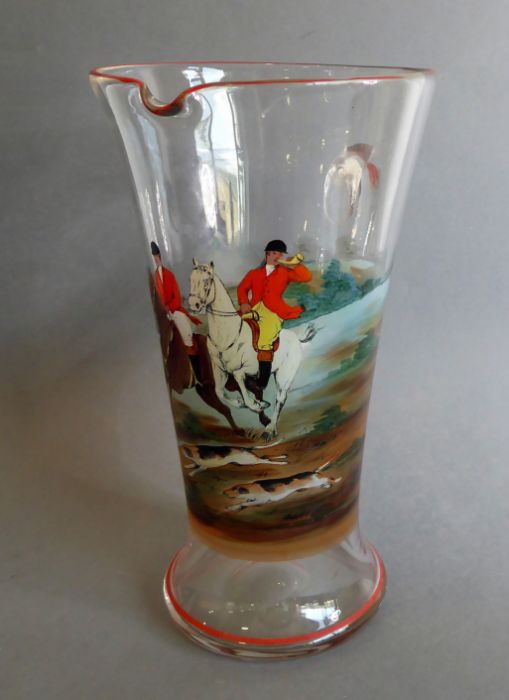 A handmade mid-20th century conical glass jug, hand-decorated with a fox hunting scene (26cm high) - Image 2 of 7