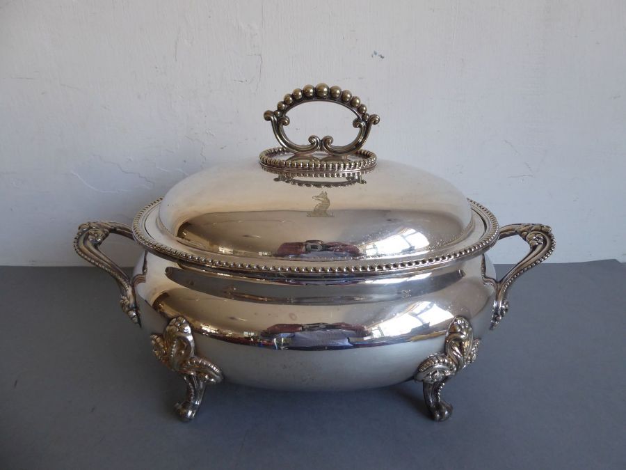 A fine and large 19th century two-handled silver plated tureen engraved with armorial crest, - Image 6 of 11