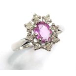 A pink sapphire and single-cut diamond-set cluster ring to the plain tapering 18-carat white gold