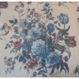 A pair of floral curtains in shades of blue/terracotta on a cream background, heavy thermal lining