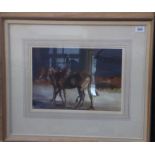 MICHAEL LYNE (1912-1989) -  watercolour study of a huntsman with two bay hunters, signed and dated