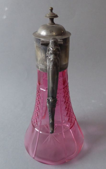 A Victorian cut-glass cranberry claret jug with silver-plated mounts - Image 4 of 8