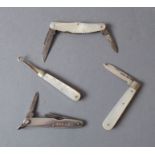 Four pieces: a silver-cased folding penknife (Sheffield 1914); a mother of pearl folding silver
