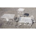 Three pieces of white-painted garden furniture in 19th century style: a stool with scrolling ends, a