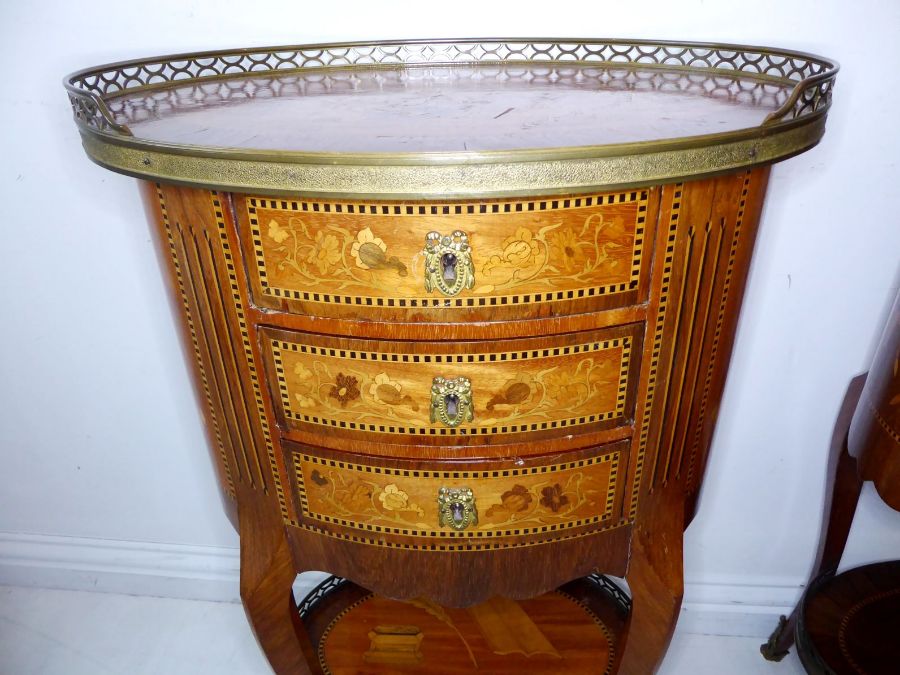 A very fine closely matched opposing pair of late 19th century French oval three-drawer chests; - Image 7 of 14