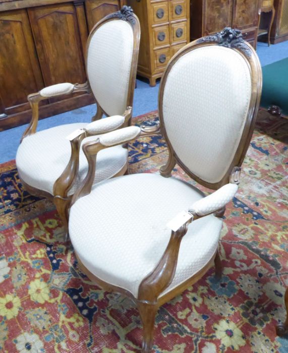 A pair of 19th century spoon back open armchairs in mid / late 18th century French style; the top- - Image 2 of 3