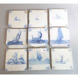 Nine tiles; 18th century, painted with a variety of subjects including unusually a diving duck, well