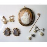 A pair of 9-carat yellow gold and chalcedony ear clips; an oval shell cameo brooch pendant depicting