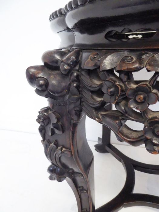 A 19th century Chinese carved hardwood and marble-topped jardinière stand; the gadrooned top with - Image 5 of 9