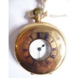 A heavy 9-carat yellow-gold half-hunter keyless pocket watch; the outer case with enamelled Roman