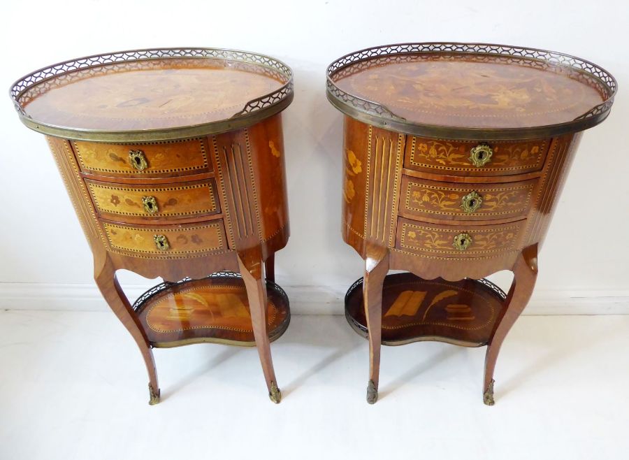 A very fine closely matched opposing pair of late 19th century French oval three-drawer chests; - Image 2 of 14