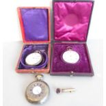 A late 19th / early 20th century silver-cased pocket watch; white enamel dial, Roman numerals and