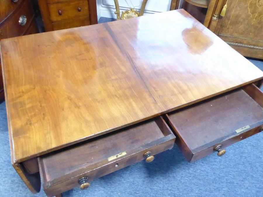 An early 19th century Regency period sofa table; the drop leaves flanking two half-width drawers, - Image 3 of 5