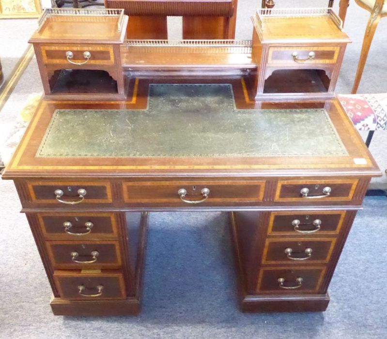 A good Edwardian period mahogany and satinwood pedestal writing desk; the superstructure with gilt- - Image 2 of 6