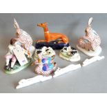 A good selection of ceramics, mostly hare and hound: a pair of Herend models of hares (damage and