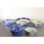 English Delftware - five bowls, circa 1750; two pearlware, one with a deer and large birds in a