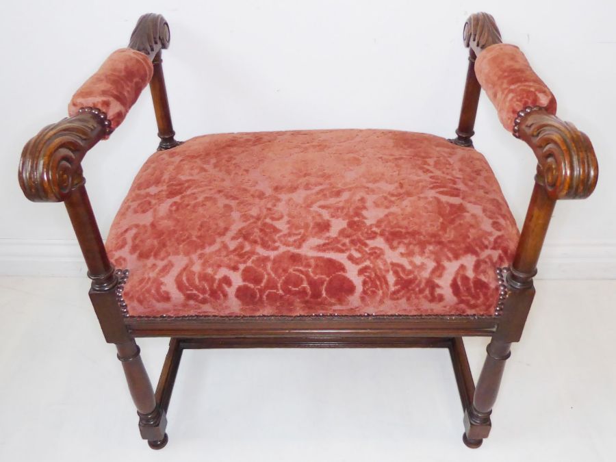 A 19th century walnut stool in earlier 17th century style; the two handles upholstered to the - Image 4 of 5