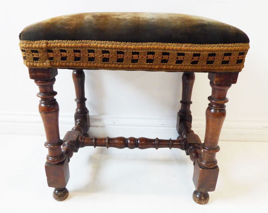 An antique (in 17th century style) walnut stool; the turned supports united by a similarly turned - Image 2 of 6