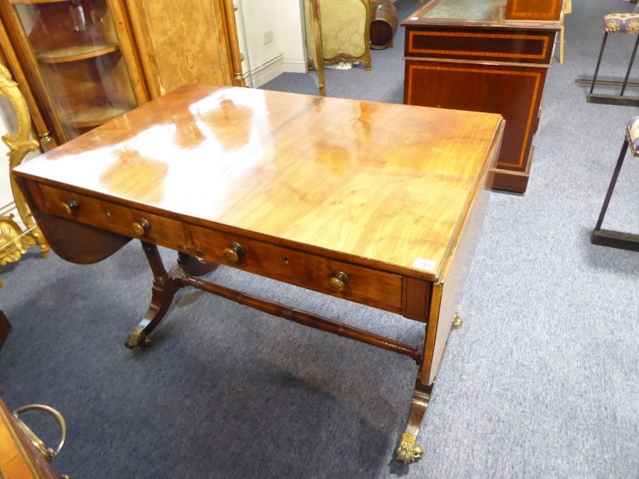 An early 19th century Regency period sofa table; the drop leaves flanking two half-width drawers, - Image 2 of 5