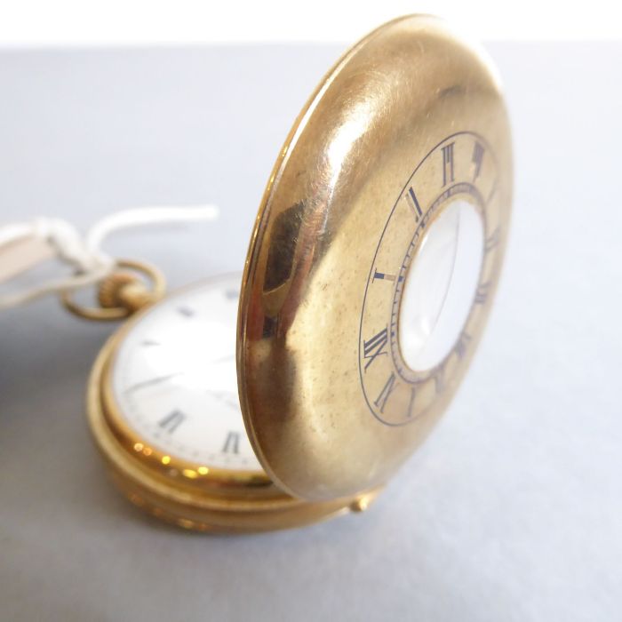 A gentleman's 9-carat yellow-gold-cased half-hunter keyless pocket watch. The outer case with enamel - Image 7 of 10