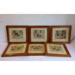 C. B. STOCK, a set of six cock-fighting scenes, hand-coloured engravings, period maple frames,