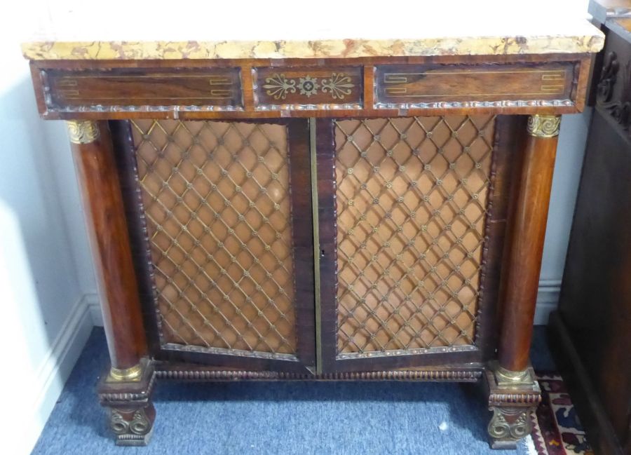 An early 19th century marble-topped Regency period brass-inlaid rosewood side cabinet; the frieze - Image 2 of 4