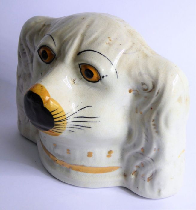 A pair of 19th century Staffordshire pottery money boxes modelled as spaniel's heads (12cm wide x - Image 2 of 5