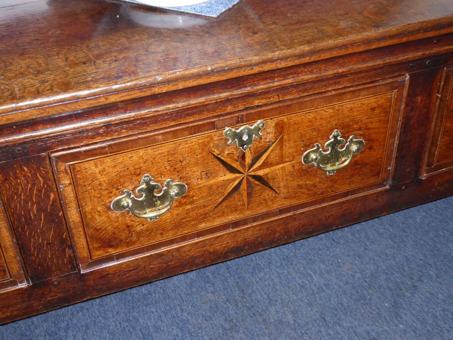 A good mid 18th century oak dresser base; the moulded top above three frieze drawers, the central - Image 5 of 8