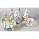 Six hand-decorated Lladró porcelain figures; various figures of children to include a ballerina,