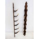 A pair of early 20th century oak and antler hat / coat hangers (104cm, 6 pegs)