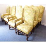 A good and long set of twelve (10+2) floral upholstered and oak chairs in late 17th century-style;