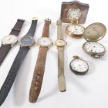 Seven timepieces comprising four wrist and three pocket watches, and a miniature table clock: a