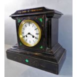 A 19th century black slate cased eight-day mantle clock; white enamel dial with Roman numerals and