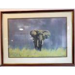 After DAVID SHEPHERD - Elephant approaching with stormy background. Parcel-gilt wooden frame (