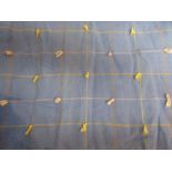 A large pair of double-lined blue curtains; canvas-like check patterned material with tufting,