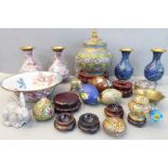 A good selection of Chinese cloisonné wares: an ovoid vase-and-cover, hand gilded and enamelled in