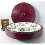 A circular wooden cased Chinese hand-decorated in enamels, seven-piece porcelain hors d'oeuvre