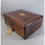 A mid 19th century rosewood and brass inlaid writing/lap desk with key (29cm wide)
