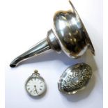 A 19th century silver-plated wine funnel, a lady's silver-cased fob watch (Swiss assay marks) and