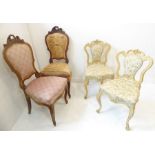 A pair of late 19th century Louis XV-style walnut and upholstered salon chairs on moulded cabriole