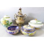 A good selection of Chinese cloisonné to include two circular lidded dishes decorated with flowers