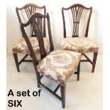 A set of six (3 of the 6 illustrated) Hepplewhite period mahogany salon chairs; each with pierced
