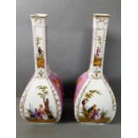 A pair of late 19th century Dresden-style porcelain bottle vases of swelling square section. The